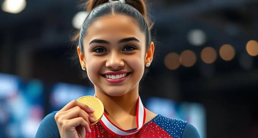 Hezly Rivera smiling with gold medal in gymnastics arena