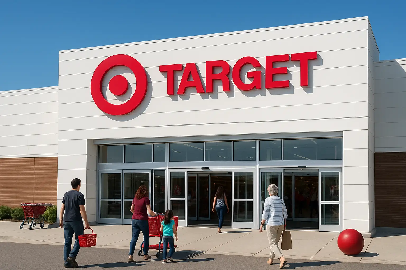 Target USA 2025 store front with customers entering and leaving on a sunny day