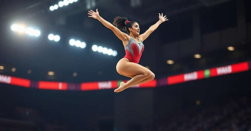 Hezly Rivera mid-leap in floor exercise