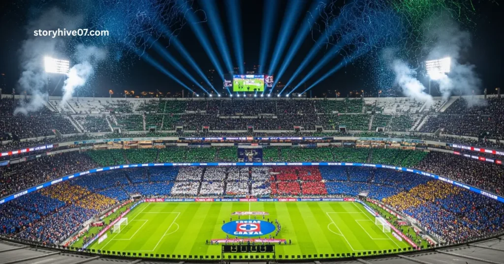 Bird's-eye view of Estadio Azteca during Cruz Azul vs Santos 2021 Liga MX Final - blue confetti raining on 80,000 fans