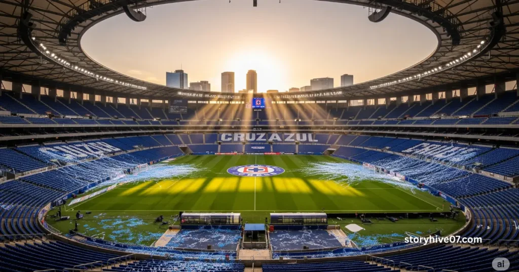 Sunrise over empty Estadio Azteca after final - lingering confetti on seats symbolizing new beginnings"