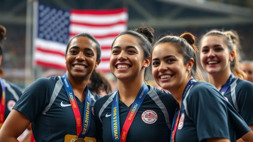 Hezly Rivera smiling with teammates holding medals