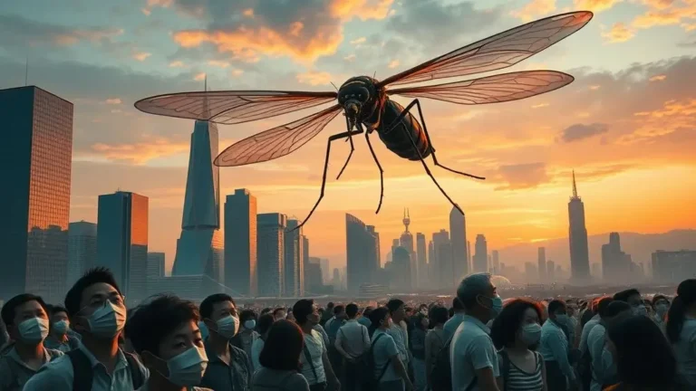 Illustration of mosquito-borne virus outbreak in China causing fear worldwide. Mosquito-Borne Virus Outbreak in China