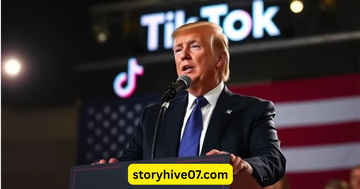Donald Trump rally with TikTok logo background and US flag - TikTok Ban 2025