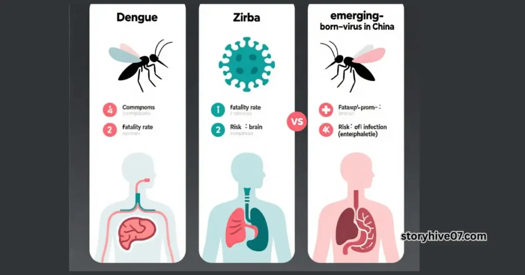 Infographic comparing Dengue, Zika, and new mosquito virus from China. Mosquito-Borne Virus Outbreak in China 