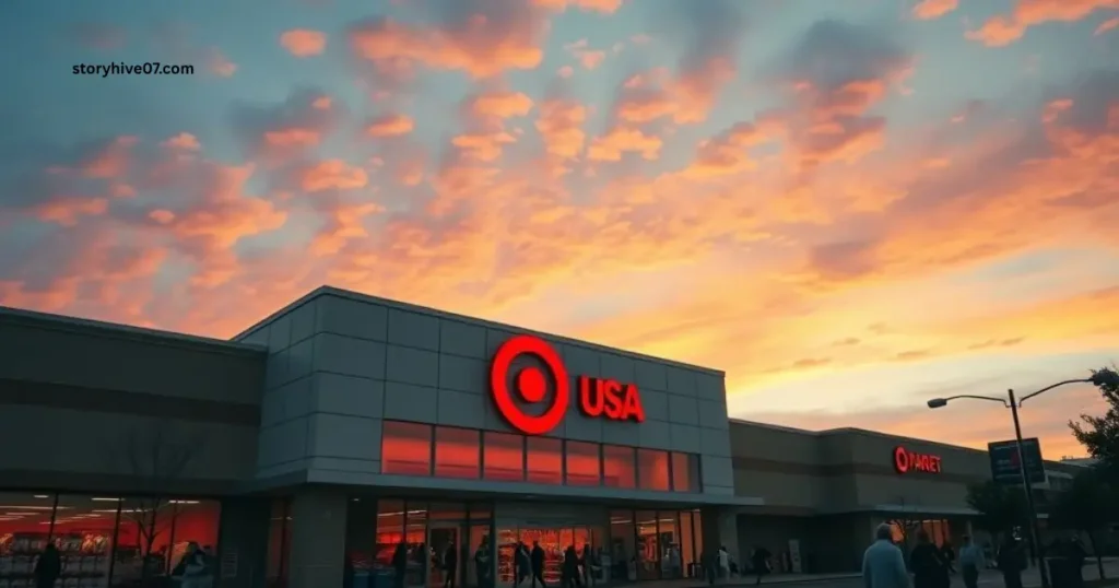 Target USA 2025 store at sunset with glowing red Target sign