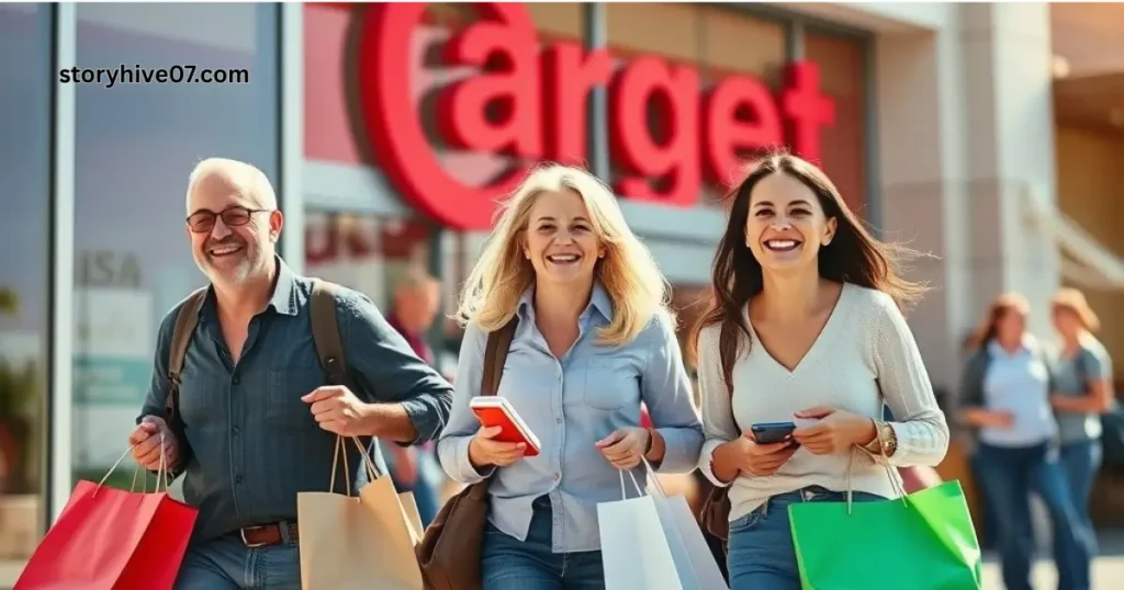 Target USA 2025 smiling customers leaving store with shopping bags